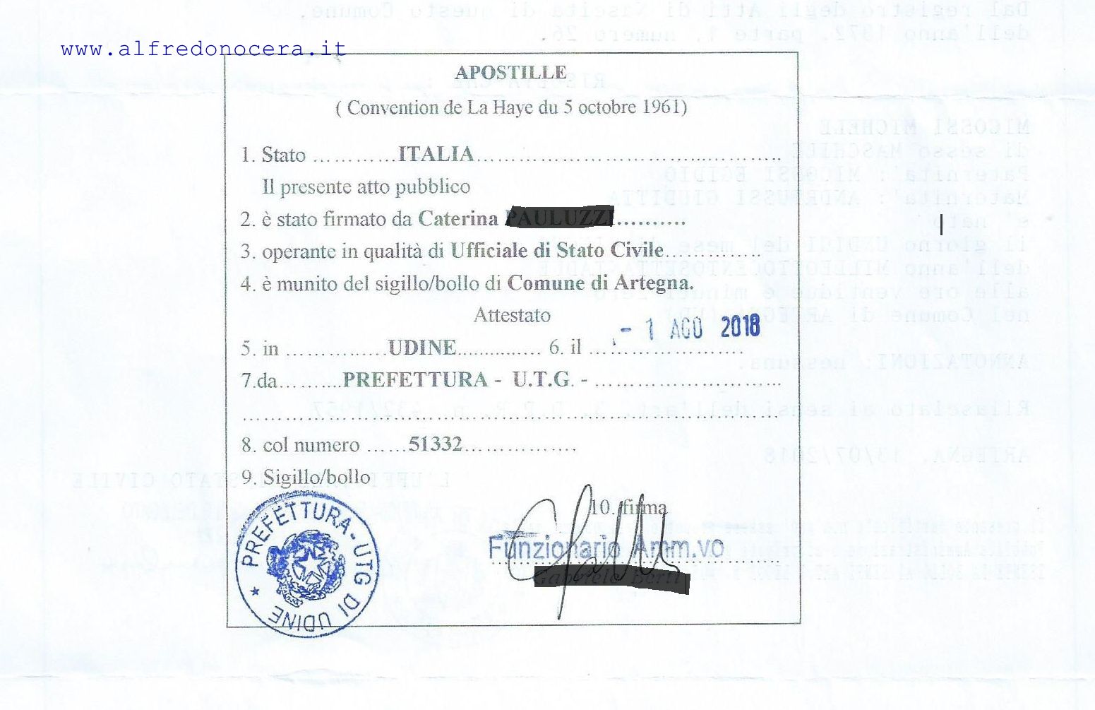 Apostille issued in Udine, Friuli Venezia Giulia, Italy, for an Italian official document