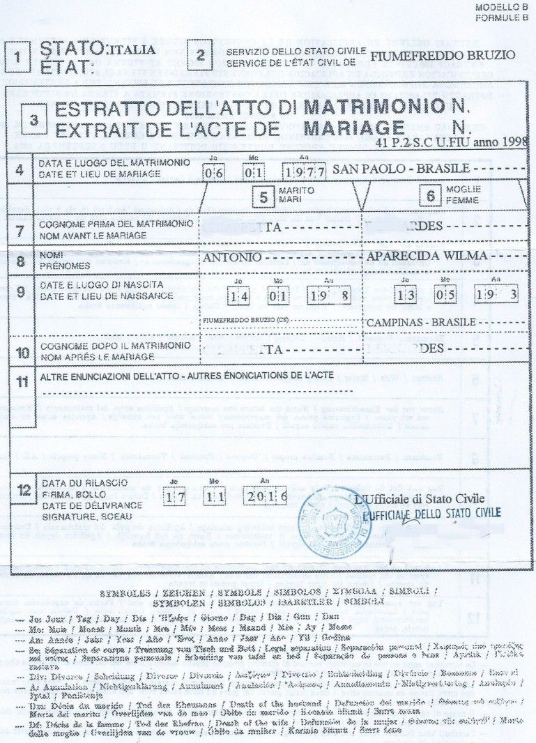 Estratto dell' Atto di Matrimonio