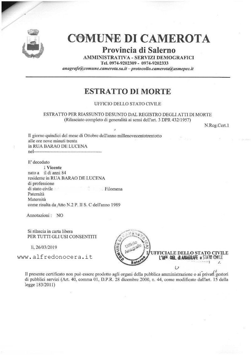 Long form certificate extracted from the register of records of death 