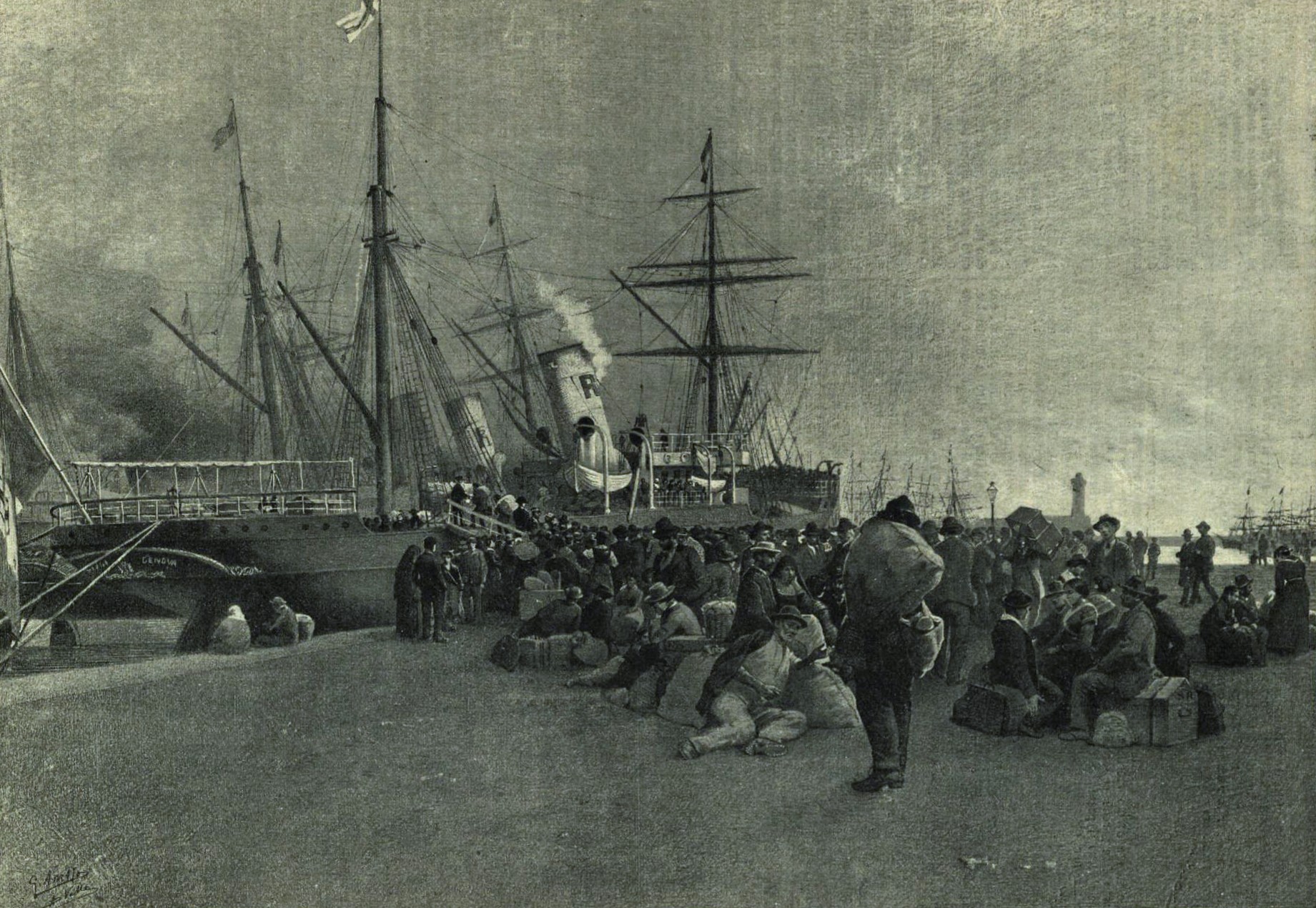 Italian emigrants boarding the steamship Scrivia in Genoa, 1884