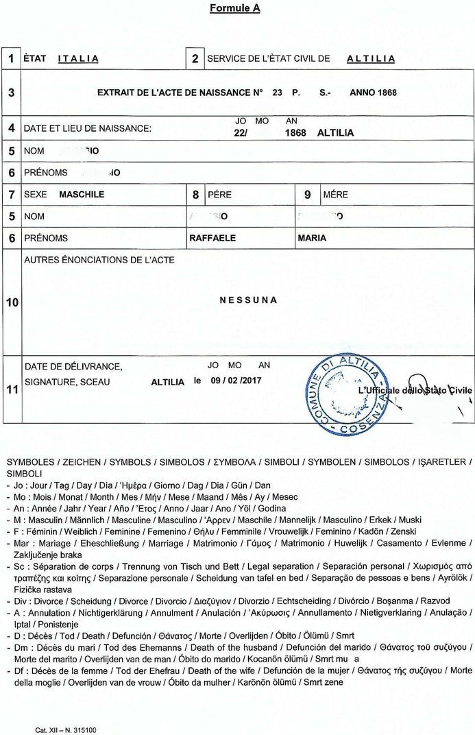 Multilingual extract of birth certificate
