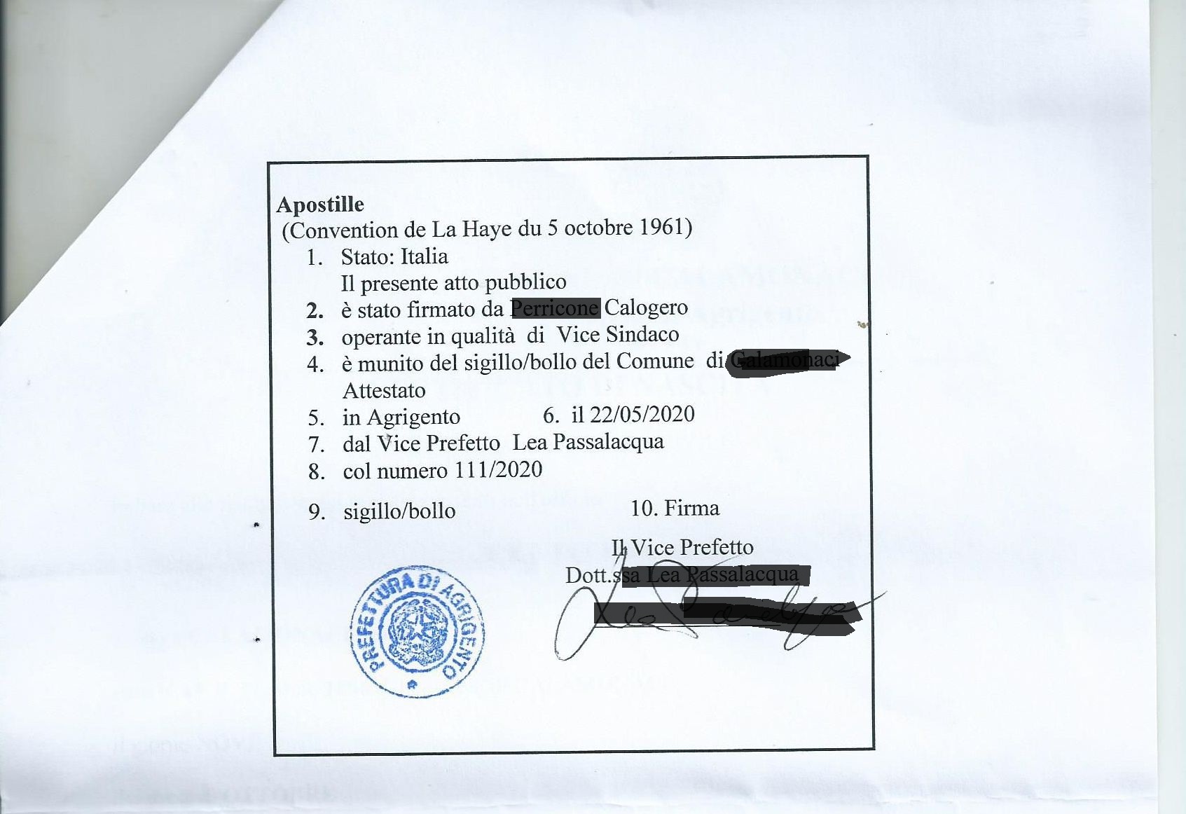 Apostille for an Italian document from Agrigento, Sicily