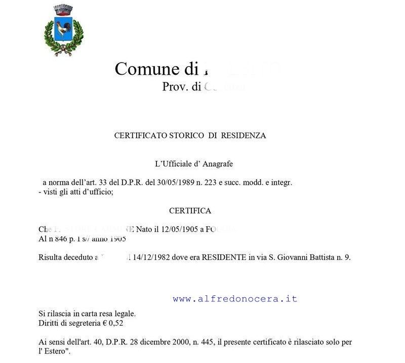 Italian Historical Residence Certificate – Certificato Storico di Residenza
