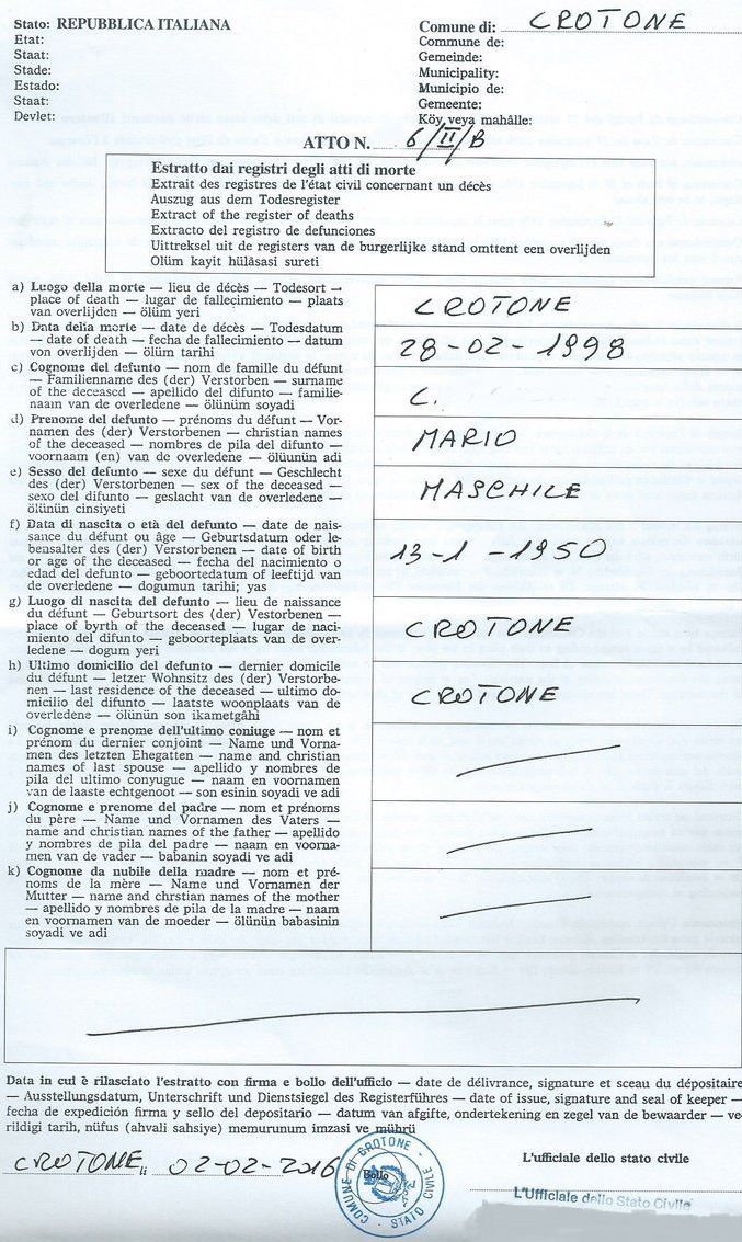 Estratto dai registri degli atti di morte