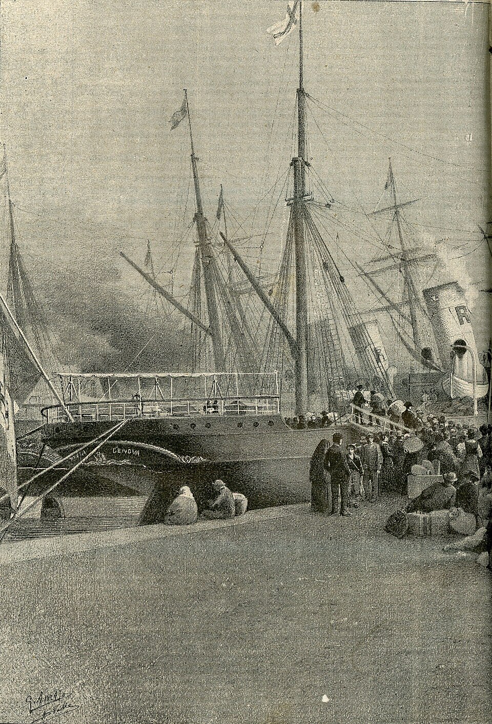 Italian emigrants boarding a ship at the port of Genoa, 1885
